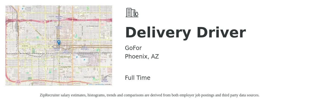 GoFor job posting for a Delivery Driver in Phoenix, AZ with a salary of $17 to $21 Hourly with a map of Phoenix location.