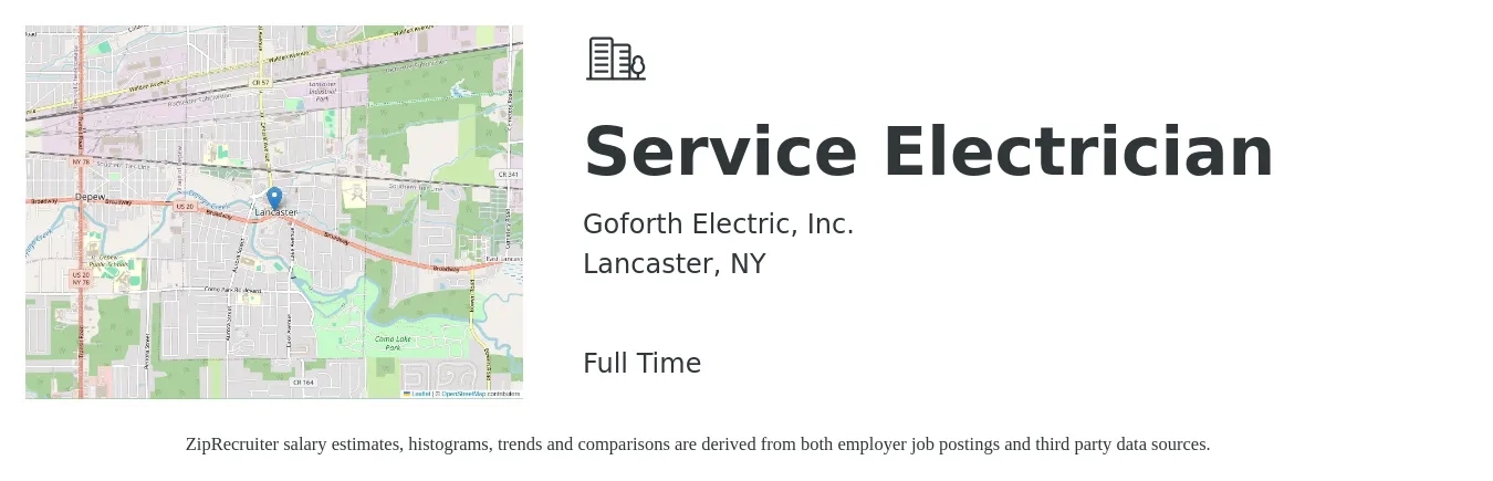 Goforth Electric, Inc. job posting for a Service Electrician in Lancaster, NY with a salary of $30 to $40 Hourly with a map of Lancaster location.