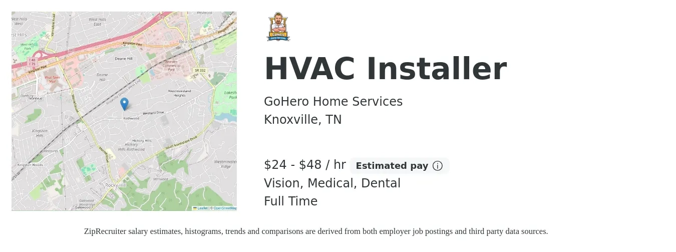 GoHero Home Services job posting for a HVAC Installer in Knoxville, TN with a salary of $25 to $50 Hourly (plus commission) and benefits including dental, life_insurance, medical, pto, retirement, and vision with a map of Knoxville location.