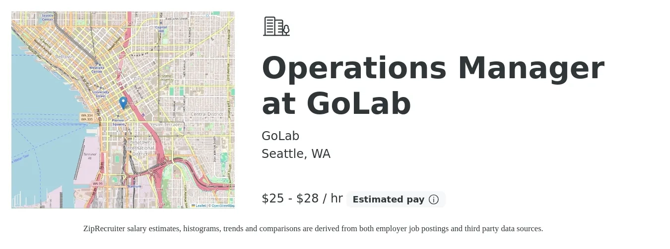 GoLab job posting for a Operations Manager at GoLab in Seattle, WA with a salary of $26 to $30 Hourly with a map of Seattle location.