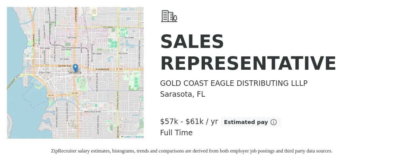 GOLD COAST EAGLE DISTRIBUTING LLLP job posting for a SALES REPRESENTATIVE in Sarasota, FL with a salary of $57,000 to $61,000 Yearly with a map of Sarasota location.