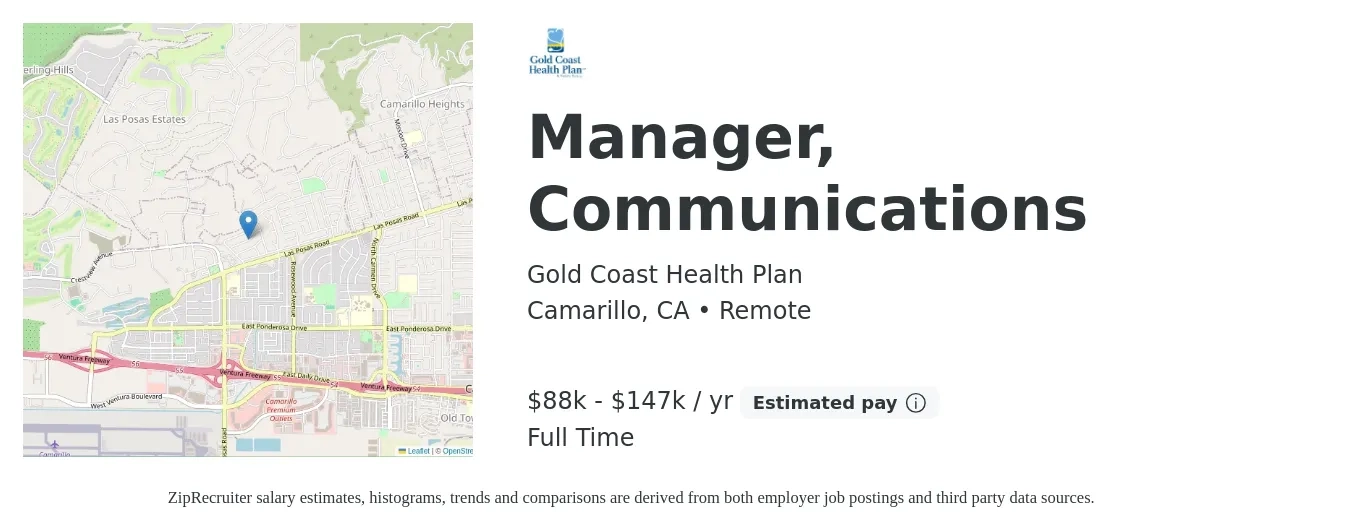 Gold Coast Health Plan job posting for a Manager, Communications in Camarillo, CA with a salary of $88,594 to $147,656 Yearly with a map of Camarillo location.