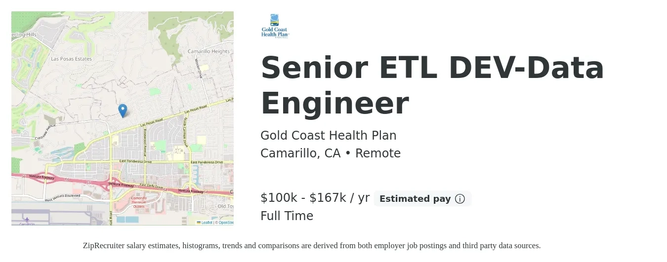 Gold Coast Health Plan job posting for a Senior ETL DEV-Data Engineer in Camarillo, CA with a salary of $100,406 to $167,344 Yearly with a map of Camarillo location.