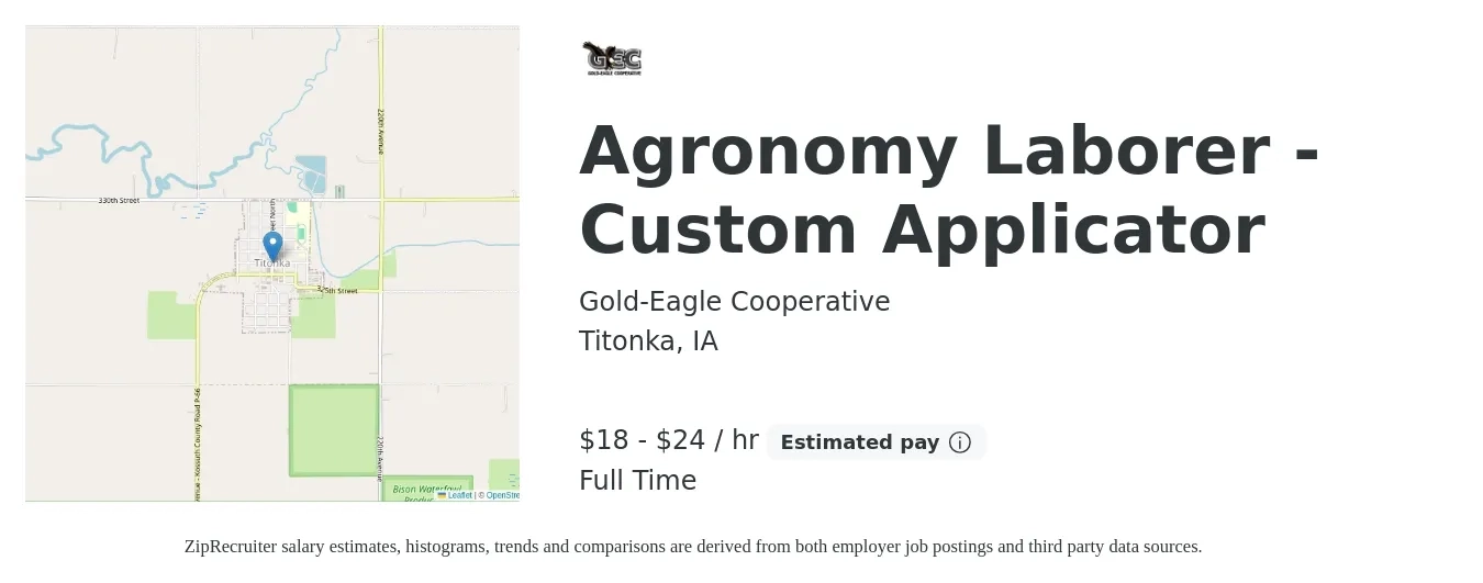 Gold-Eagle Cooperative job posting for a Agronomy Laborer - Custom Applicator in Titonka, IA with a salary of $19 to $25 Hourly with a map of Titonka location.