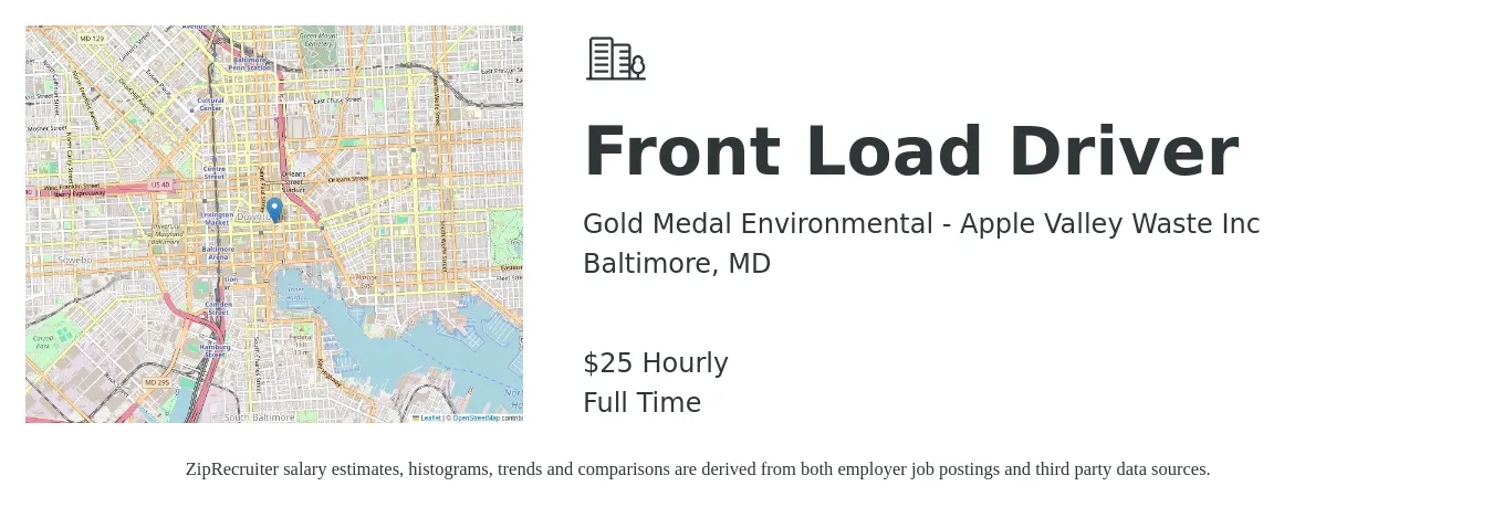 Gold Medal Environmental - Apple Valley Waste Inc job posting for a Front Load Driver in Baltimore, MD with a salary of $27 Hourly with a map of Baltimore location.