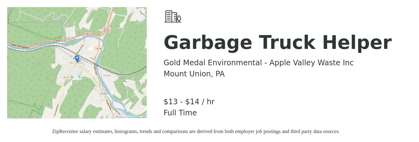 Gold Medal Environmental - Apple Valley Waste Inc job posting for a Garbage Truck Helper in Mount Union, PA with a salary of $14 to $16 Hourly with a map of Mount Union location.