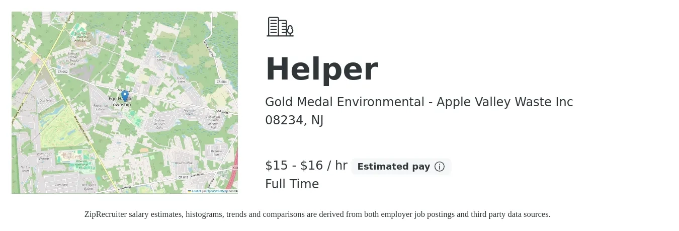 Gold Medal Environmental - Apple Valley Waste Inc job posting for a Helper in 08234, NJ with a salary of $16 to $17 Hourly with a map of 08234 location.