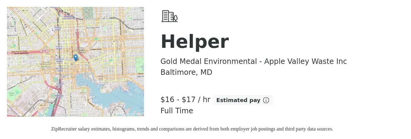 Gold Medal Environmental - Apple Valley Waste Inc job posting for a Helper in Baltimore, MD with a salary of $17 to $18 Yearly with a map of Baltimore location.