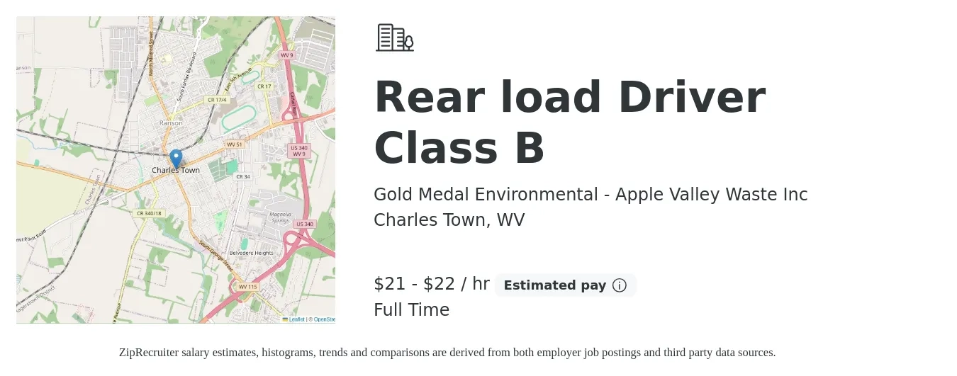Gold Medal Environmental - Apple Valley Waste Inc job posting for a Rear load Driver Class B in Charles Town, WV with a salary of $22 to $23 Hourly with a map of Charles Town location.