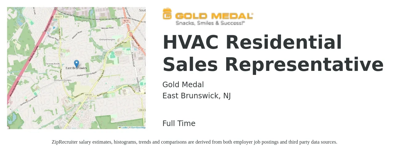 Gold Medal job posting for a HVAC Residential Sales Representative in East Brunswick, NJ with a salary of $53,200 to $92,600 Yearly with a map of East Brunswick location.