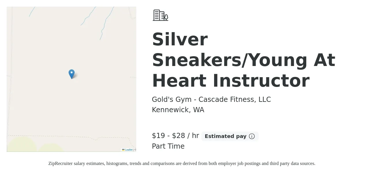 Gold's Gym - Cascade Fitness, LLC job posting for a Silver Sneakers/Young At Heart Instructor in Kennewick, WA with a salary of $20 to $30 Hourly with a map of Kennewick location.