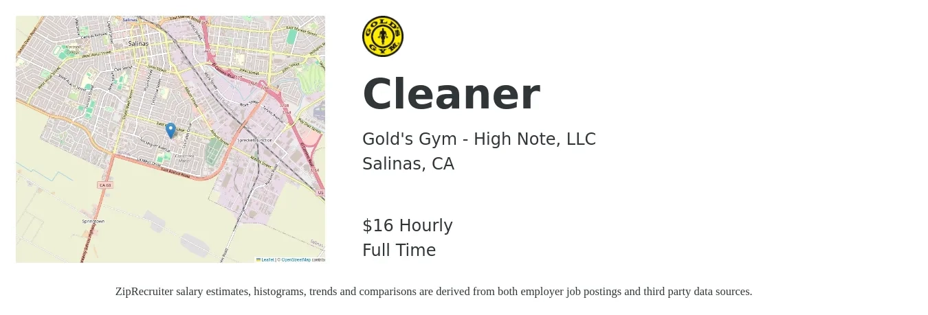 Gold's Gym job posting for a Cleaner in Salinas, CA with a salary of $17 Hourly with a map of Salinas location.