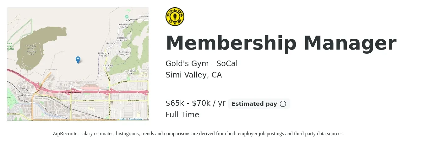 Gold's Gym - SoCal job posting for a Membership Manager in Simi Valley, CA with a salary of $65,000 to $70,000 Yearly with a map of Simi Valley location.