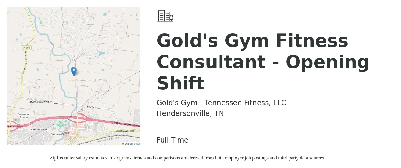 Gold's Gym - Tennessee Fitness, LLC job posting for a Gold's Gym Fitness Consultant - Opening Shift in Hendersonville, TN with a salary of $12 to $20 Hourly with a map of Hendersonville location.