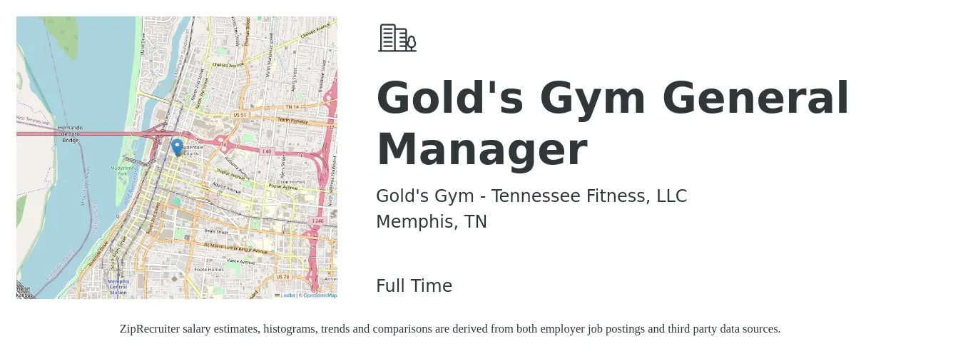 Gold's Gym - Tennessee Fitness, LLC job posting for a Gold's Gym General Manager in Memphis, TN with a salary of $34,000 to $53,700 Yearly with a map of Memphis location.