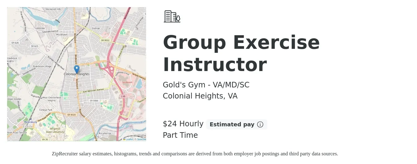 Gold's Gym - VA/MD/SC job posting for a Group Exercise Instructor in Colonial Heights, VA with a salary of $25 Hourly with a map of Colonial Heights location.