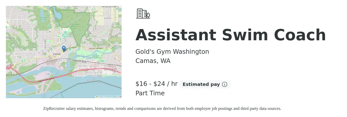Gold's Gym Washington job posting for a Assistant Swim Coach in Camas, WA with a salary of $17 to $25 Hourly with a map of Camas location.