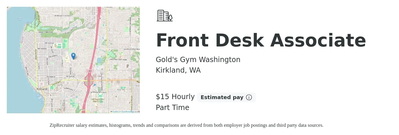Gold's Gym Washington job posting for a Front Desk Associate in Kirkland, WA with a salary of $16 Hourly with a map of Kirkland location.