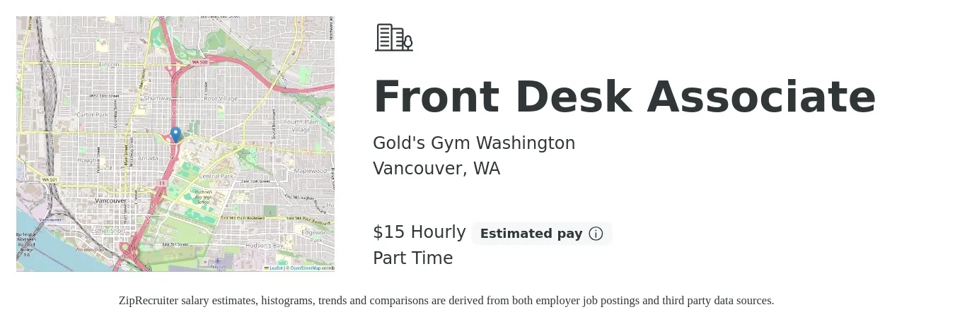 Gold's Gym Washington job posting for a Front Desk Associate in Vancouver, WA with a salary of $16 Hourly with a map of Vancouver location.