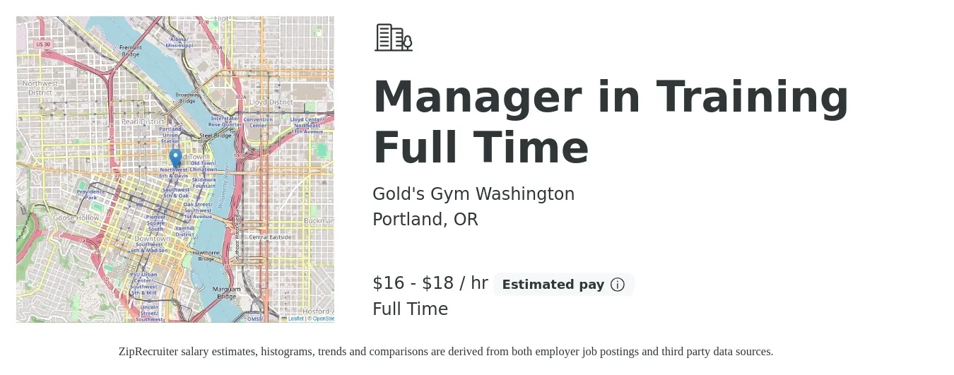 Gold's Gym Washington job posting for a Manager in Training Full Time in Portland, OR with a salary of $17 to $19 Hourly with a map of Portland location.