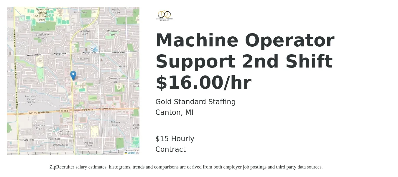 Gold Standard Staffing job posting for a Machine Operator Support 2nd Shift $16.00/hr in Canton, MI with a salary of $16 Hourly with a map of Canton location.