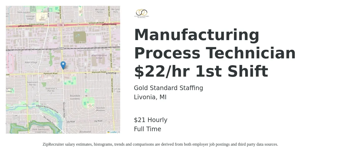 Gold Standard Staffing job posting for a Manufacturing Process Technician $22/hr 1st Shift in Livonia, MI with a salary of $22 Hourly with a map of Livonia location.