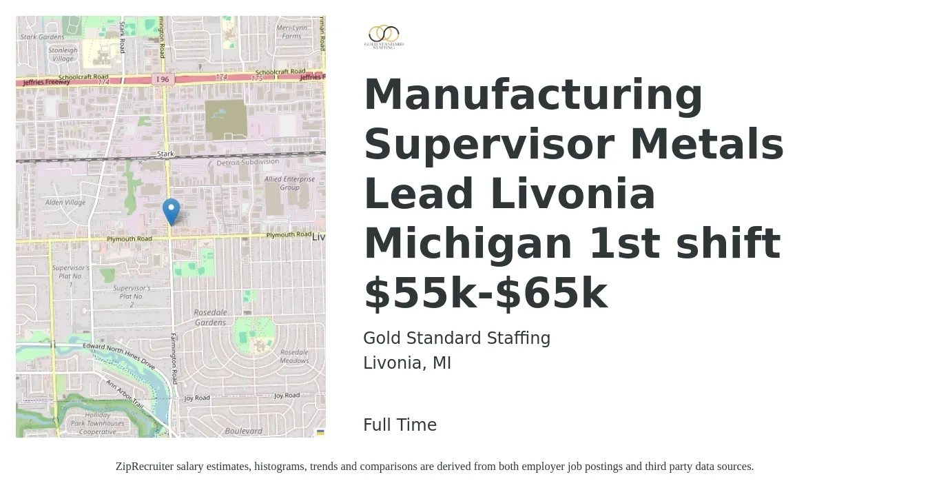 Gold Standard Staffing job posting for a Manufacturing Supervisor Metals Lead Livonia Michigan 1st shift $55k-$65k in Livonia, MI with a salary of $56,600 to $77,200 Yearly with a map of Livonia location.