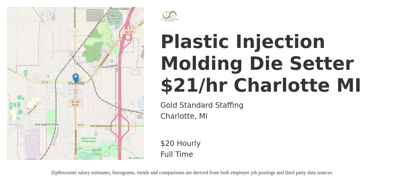 Gold Standard Staffing job posting for a Plastic Injection Molding Die Setter $21/hr Charlotte MI in Charlotte, MI with a salary of $21 Hourly with a map of Charlotte location.