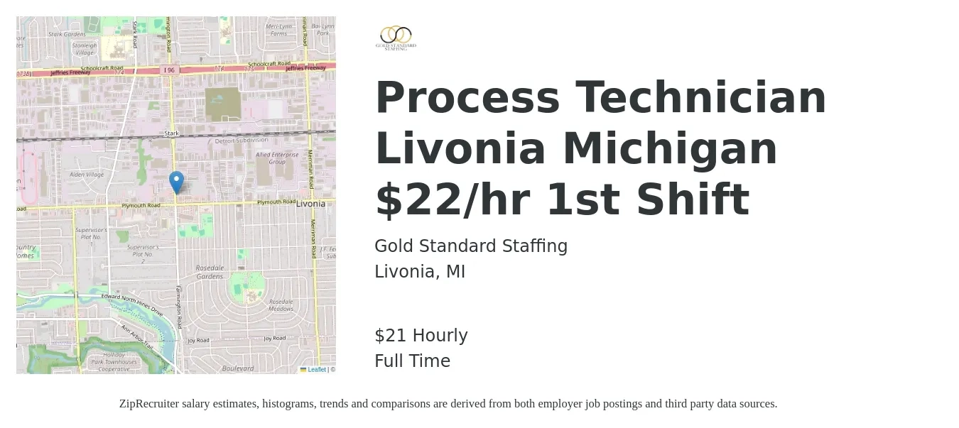 Gold Standard Staffing job posting for a Process Technician Livonia Michigan $22/hr 1st Shift in Livonia, MI with a salary of $22 Hourly with a map of Livonia location.