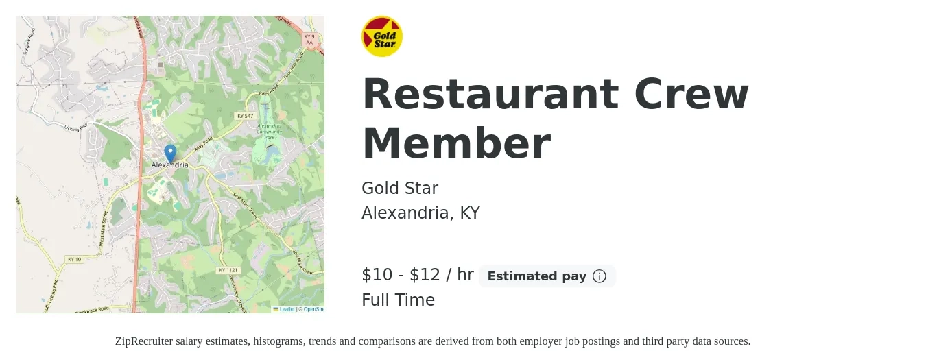Gold Star job posting for a Restaurant Crew Member in Alexandria, KY with a salary of $10 to $13 Hourly with a map of Alexandria location.