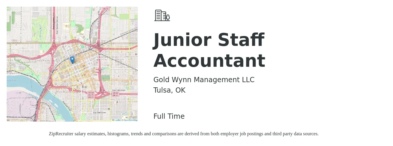 Gold Wynn Management LLC job posting for a Junior Staff Accountant in Tulsa, OK with a salary of $45,000 to $55,000 Yearly with a map of Tulsa location.