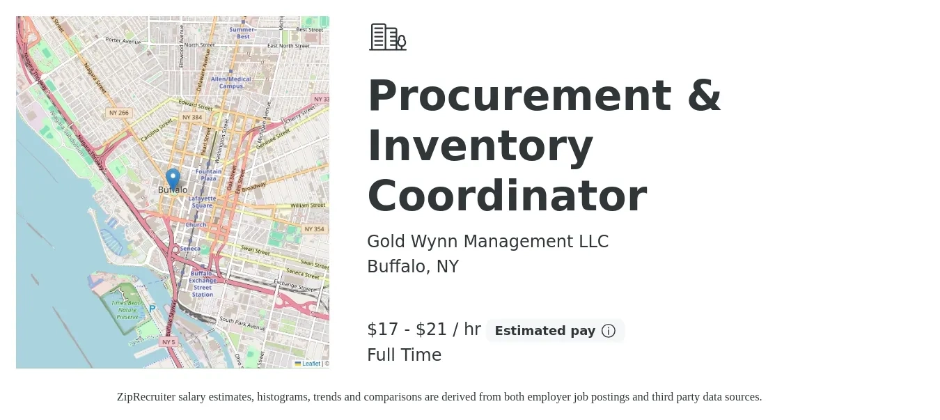 Gold Wynn Management LLC job posting for a Procurement & Inventory Coordinator in Buffalo, NY with a salary of $18 to $22 Hourly with a map of Buffalo location.
