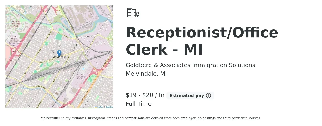 Goldberg & Associates Immigration Solutions job posting for a Receptionist/Office Clerk - MI in Melvindale, MI with a salary of $20 to $21 Hourly with a map of Melvindale location.