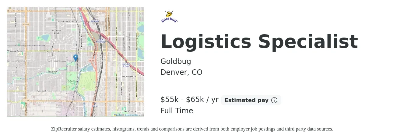 Goldbug job posting for a Logistics Specialist in Denver, CO with a salary of $55,000 to $65,000 Yearly with a map of Denver location.