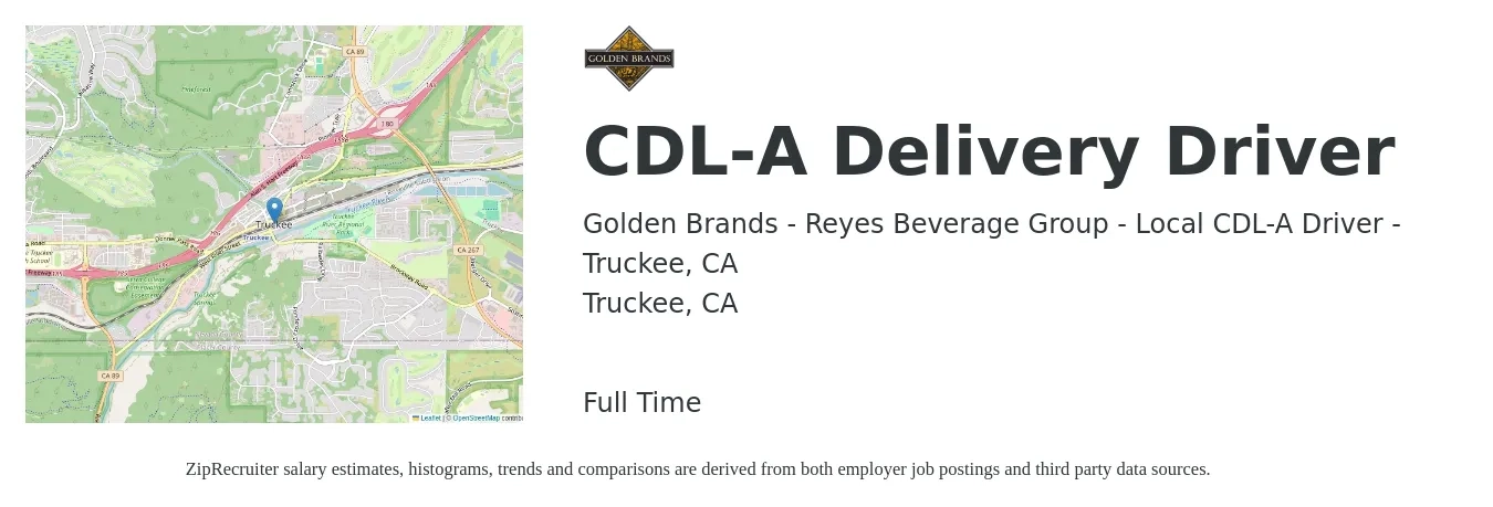 Golden Brands - Reyes Beverage Group - Local CDL-A Driver - Truckee, CA job posting for a CDL-A Delivery Driver in Truckee, CA with a salary of $70,000 Yearly with a map of Truckee location.