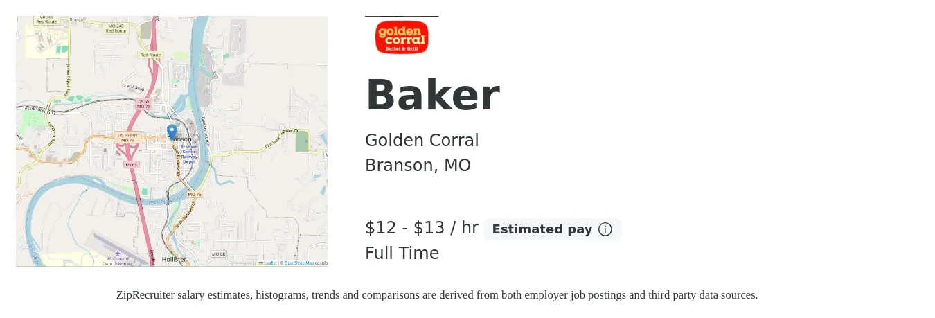 Golden Corral job posting for a Baker in Branson, MO with a salary of $13 to $14 Hourly with a map of Branson location.