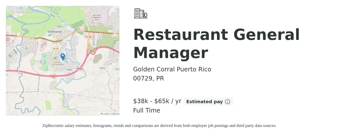 Golden Corral Puerto Rico job posting for a Restaurant General Manager in 00729, PR with a salary of $38,000 to $65,000 Yearly with a map of 00729 location.