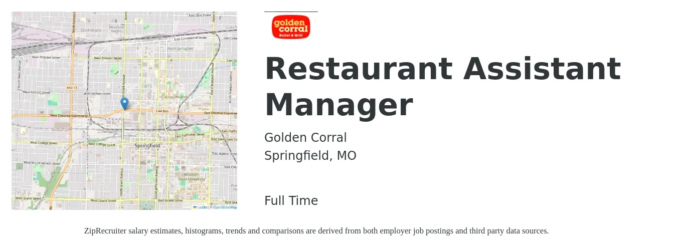 Golden Corral job posting for a Restaurant Assistant Manager in Springfield, MO with a salary of $14 to $21 Hourly with a map of Springfield location.