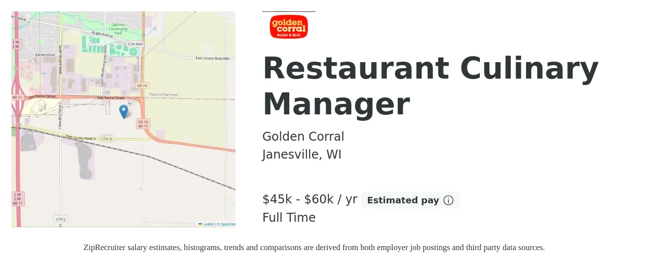 Golden Corral job posting for a Restaurant Culinary Manager in Janesville, WI with a salary of $45,000 to $60,000 Yearly with a map of Janesville location.
