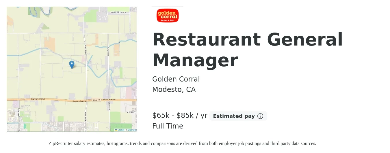 Golden Corral job posting for a Restaurant General Manager in Modesto, CA with a salary of $23 to $28 Hourly with a map of Modesto location.