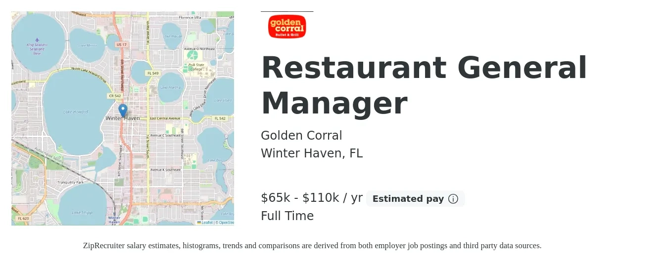 Golden Corral job posting for a Restaurant General Manager in Winter Haven, FL with a salary of $65,000 to $110,000 Yearly with a map of Winter Haven location.
