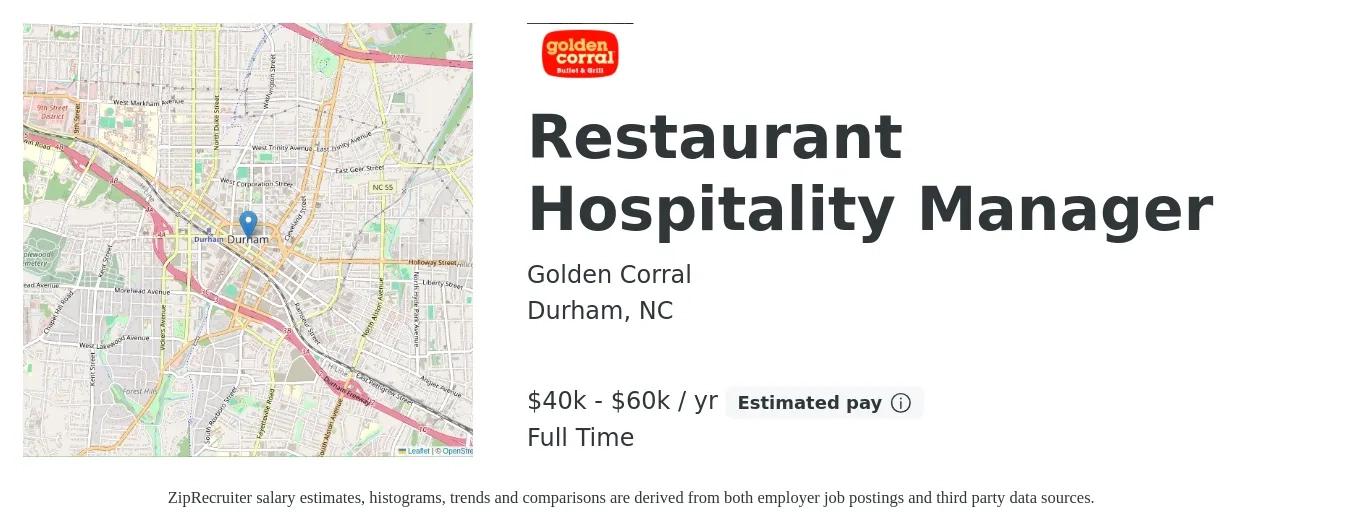 Golden Corral job posting for a Restaurant Hospitality Manager in Durham, NC with a salary of $40,000 to $60,000 Yearly with a map of Durham location.