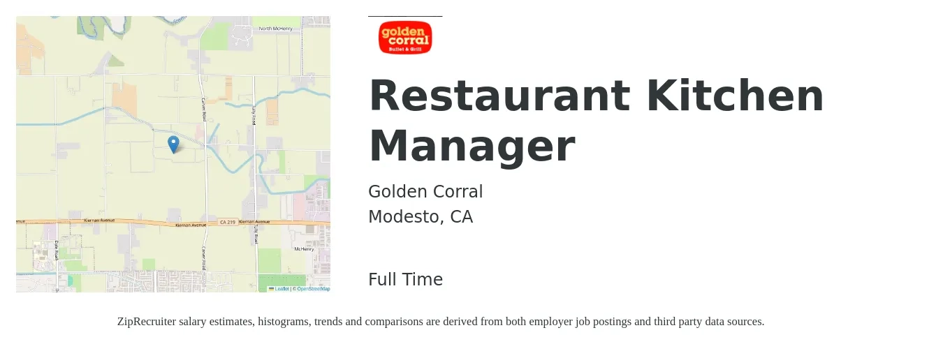 Golden Corral job posting for a Restaurant Kitchen Manager in Modesto, CA with a salary of $52,300 to $66,600 Yearly with a map of Modesto location.