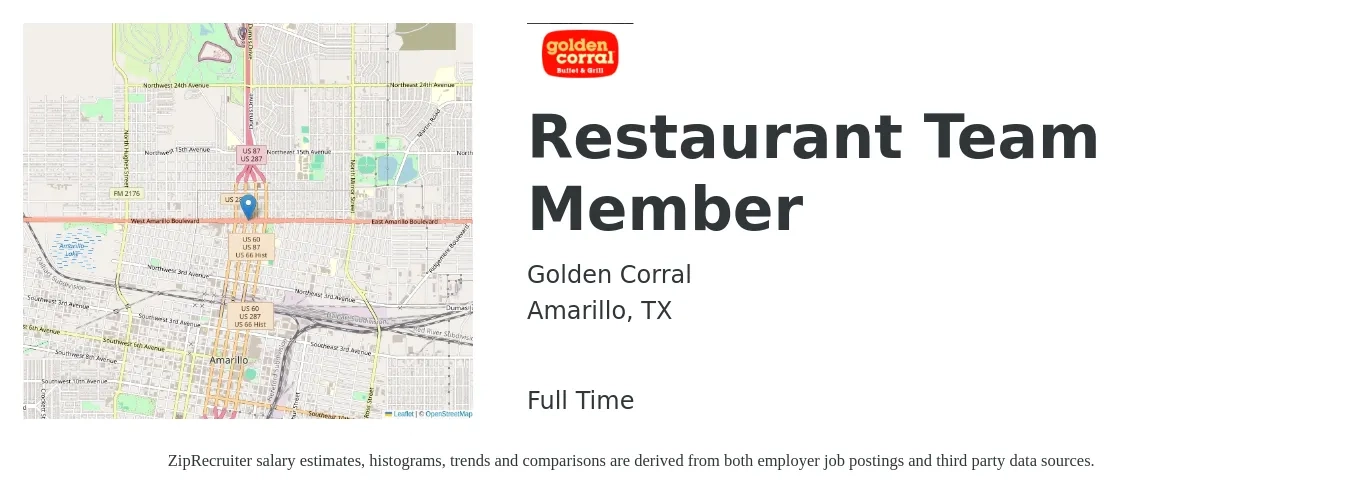 Golden Corral job posting for a Restaurant Team Member in Amarillo, TX with a salary of $10 to $13 Hourly with a map of Amarillo location.