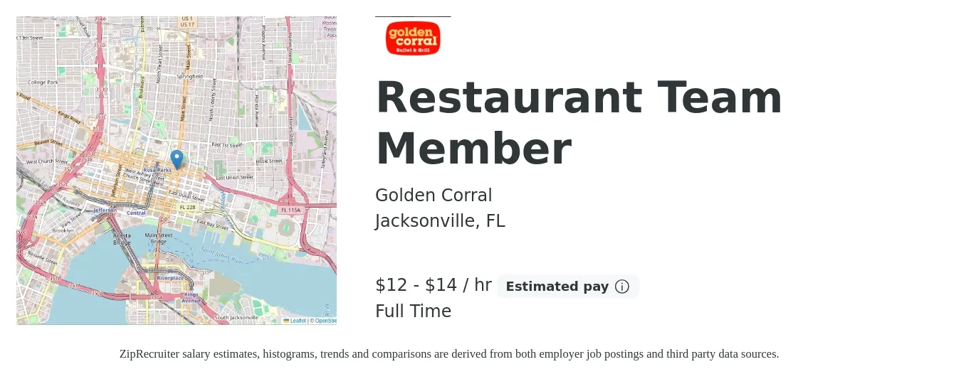 Golden Corral job posting for a Restaurant Team Member in Jacksonville, FL with a salary of $13 to $15 Hourly with a map of Jacksonville location.
