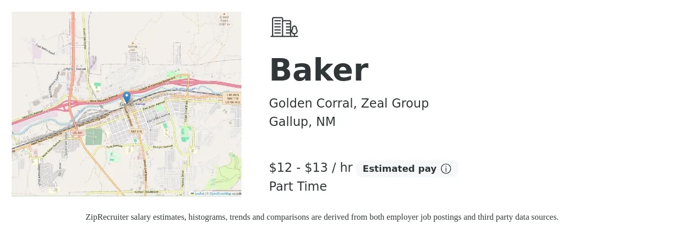 Golden Corral, Zeal Group job posting for a Baker in Gallup, NM with a salary of $13 to $14 Hourly with a map of Gallup location.