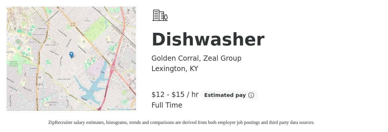Golden Corral, Zeal Group job posting for a Dishwasher in Lexington, KY with a salary of $13 to $16 Hourly with a map of Lexington location.