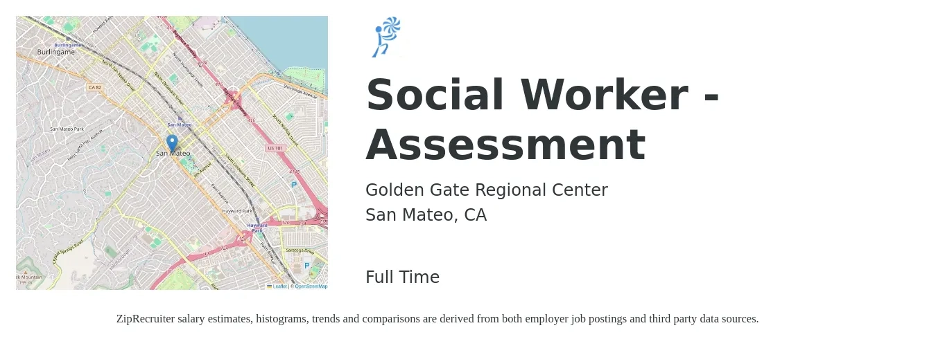 Golden Gate Regional Center job posting for a Social Worker - Assessment in San Mateo, CA with a salary of $58,083 to $69,700 Yearly with a map of San Mateo location.