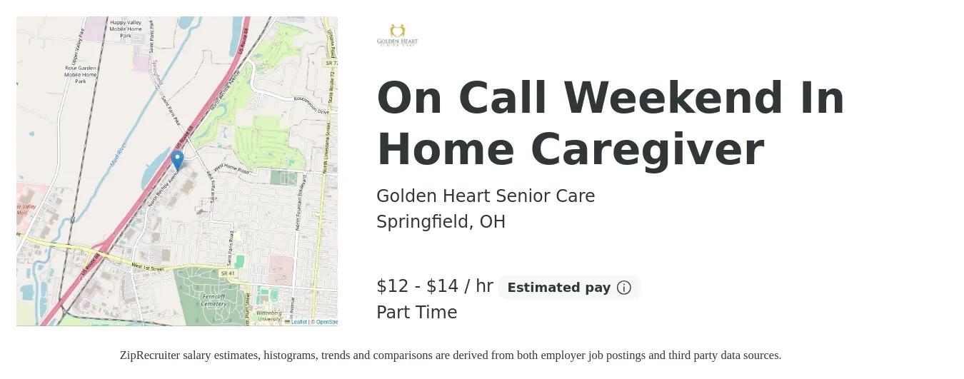 Golden Heart Senior Care job posting for a On Call Weekend In Home Caregiver in Springfield, OH with a salary of $14 to $16 Hourly with a map of Springfield location.