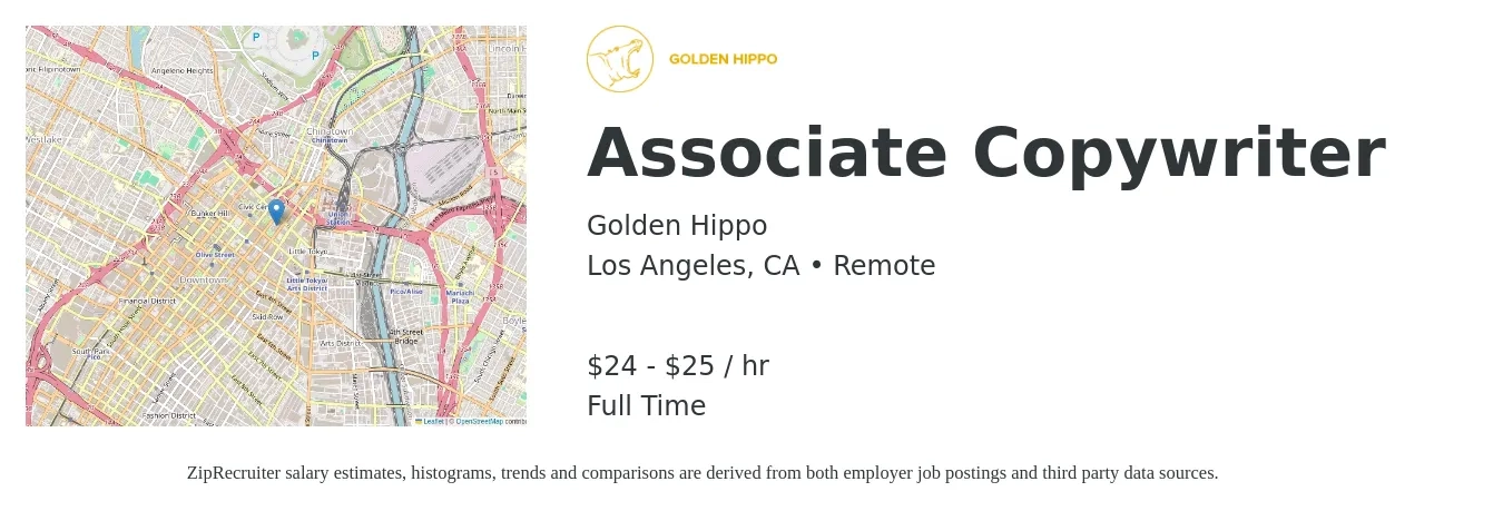 Golden Hippo job posting for a Associate Copywriter in Los Angeles, CA with a salary of $25 to $26 Hourly with a map of Los Angeles location.